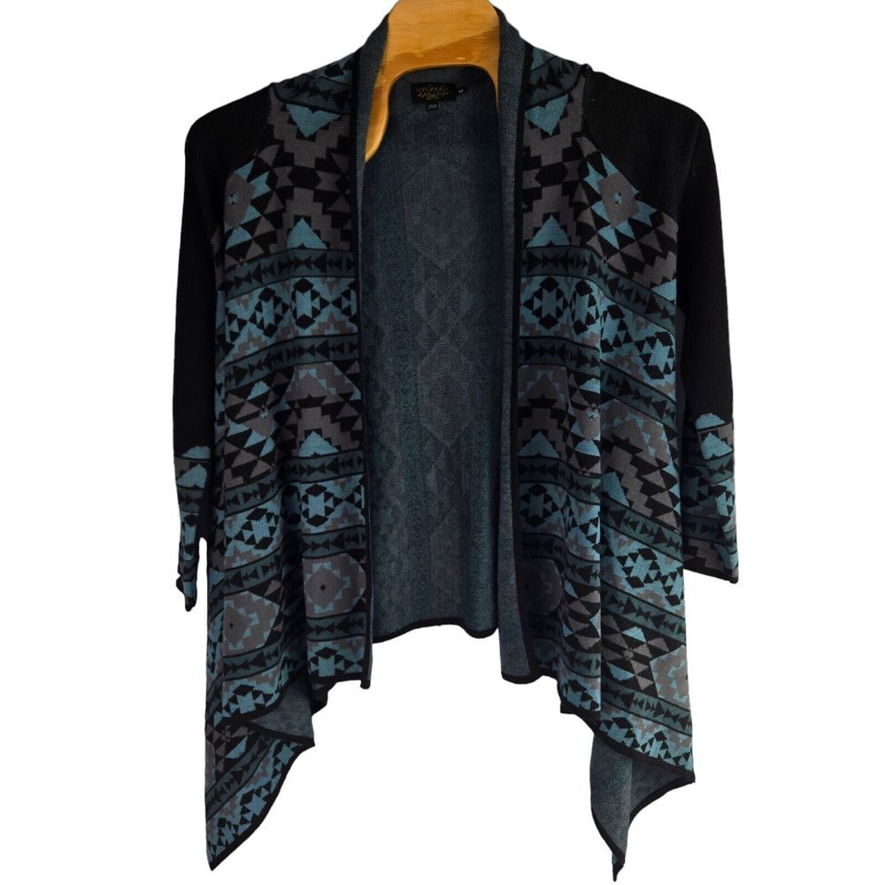 Icelandic Design Womens M Black Teal Geometric Wool Blend Waterfall Cardigan